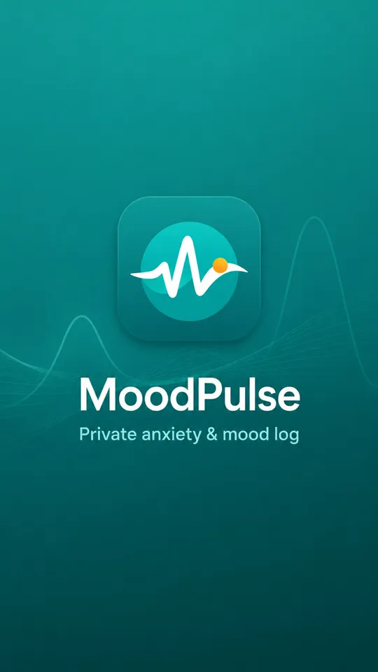 The MoodPulse launch screen: a white pulse line with an amber dot on a teal field, above the words MoodPulse and Private anxiety and mood log