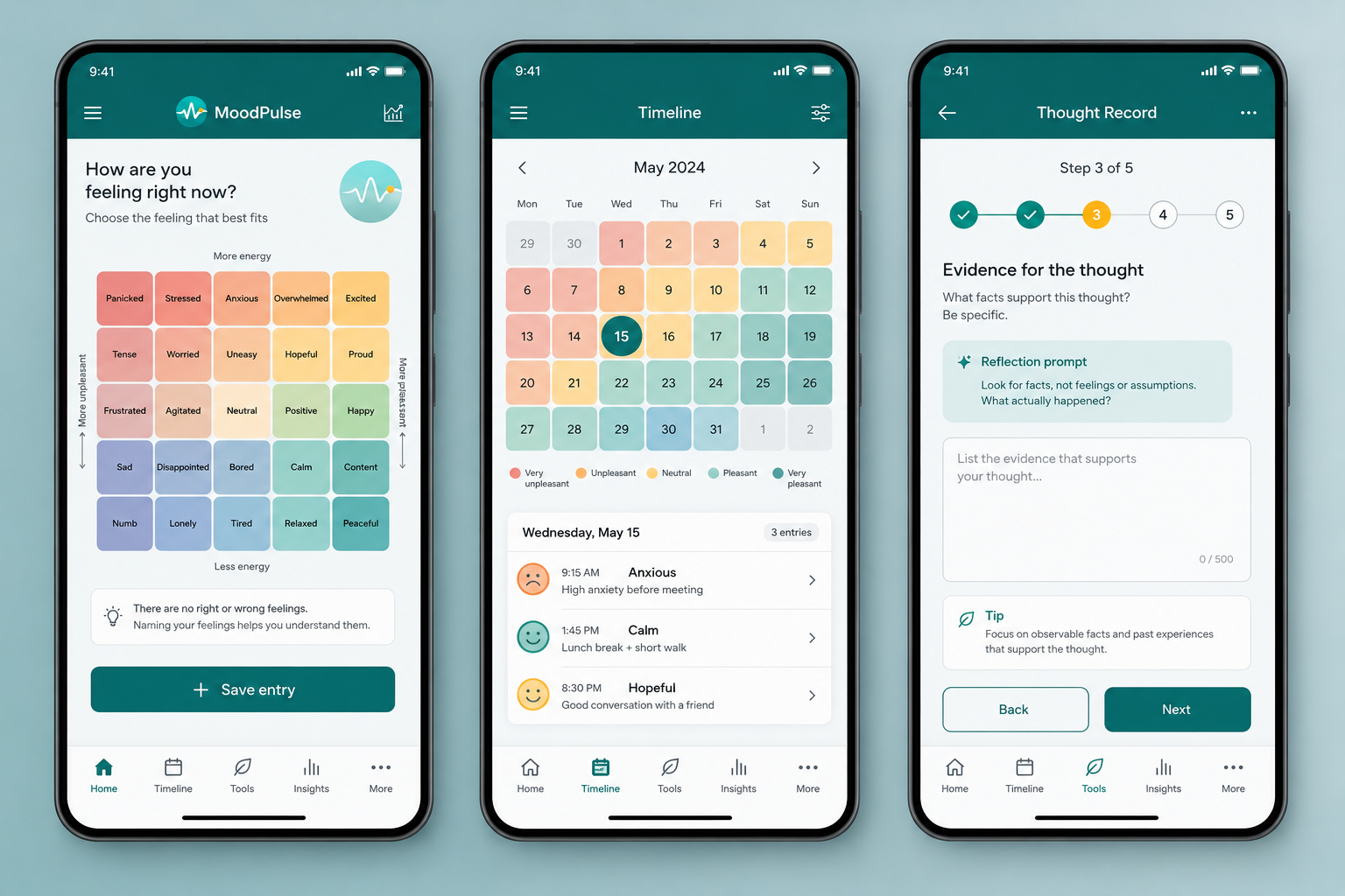 MoodPulse home screen, calendar timeline, and CBT thought record