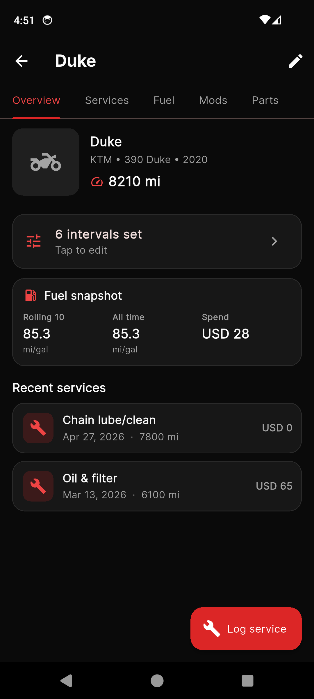 MotoGarage bike detail overview screen