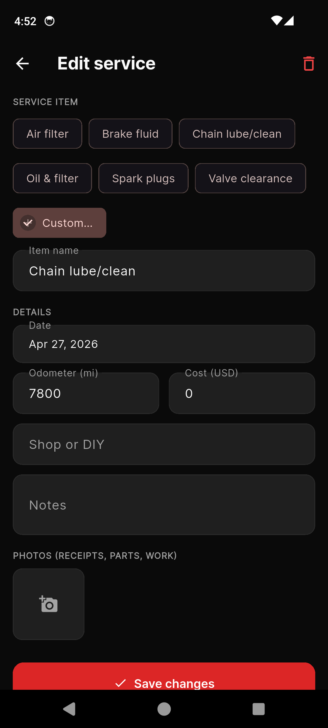 MotoGarage log service entry screen with interval picker