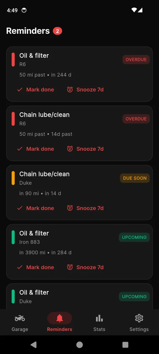 The MotoGarage reminders tab, with items tagged overdue, due soon and upcoming, each offering mark done or snooze seven days