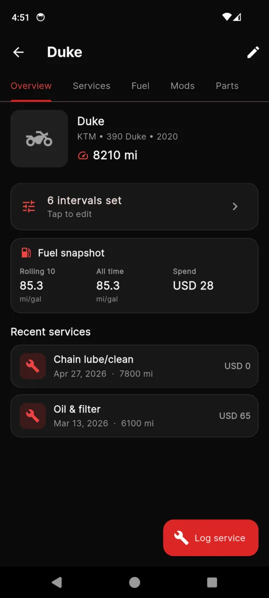 A bike overview in MotoGarage with its odometer, the number of intervals set, a fuel snapshot and recent services