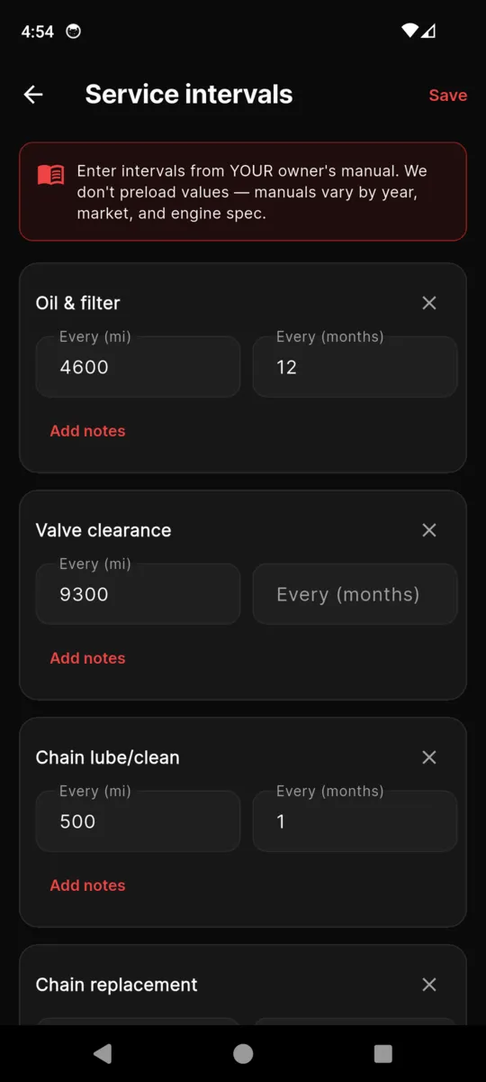 The MotoGarage service intervals screen, with a banner reading enter intervals from your own manual, and rows for oil and filter, valve clearance and chain lube