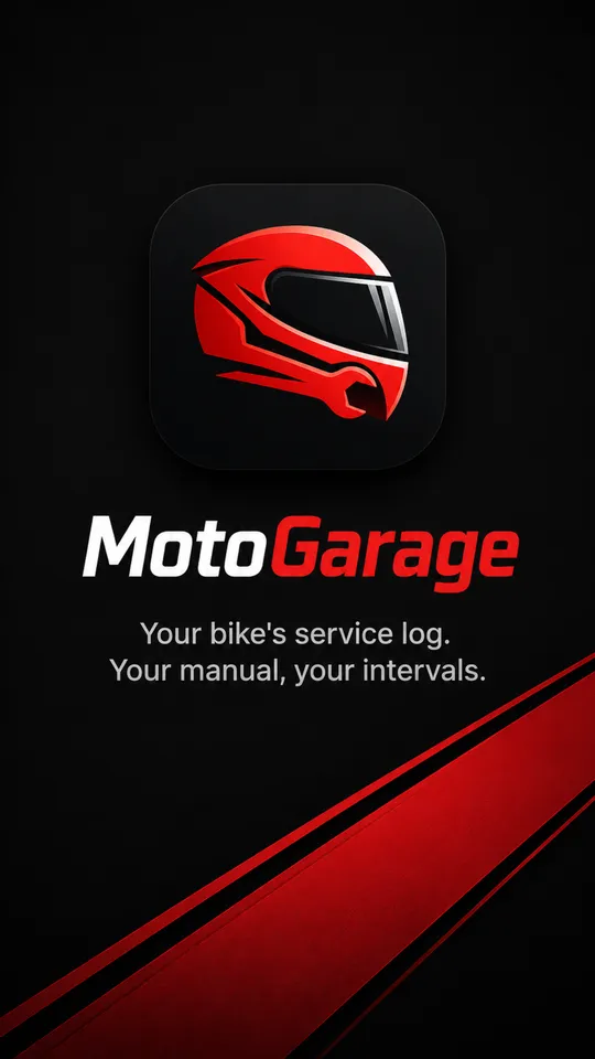 The MotoGarage launch screen: a red helmet mark above the wordmark and the line Your bike's service log, your manual, your intervals