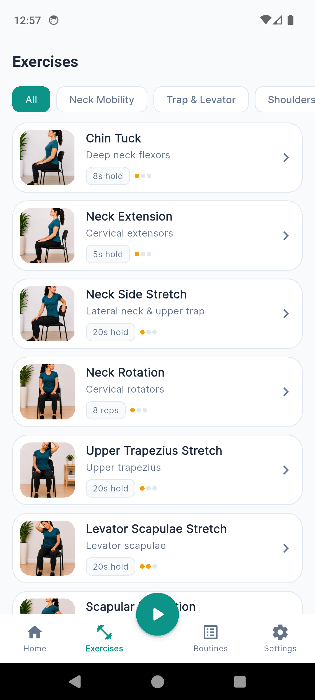 NeckReset exercise library filtered by neck, trap, shoulder and back categories