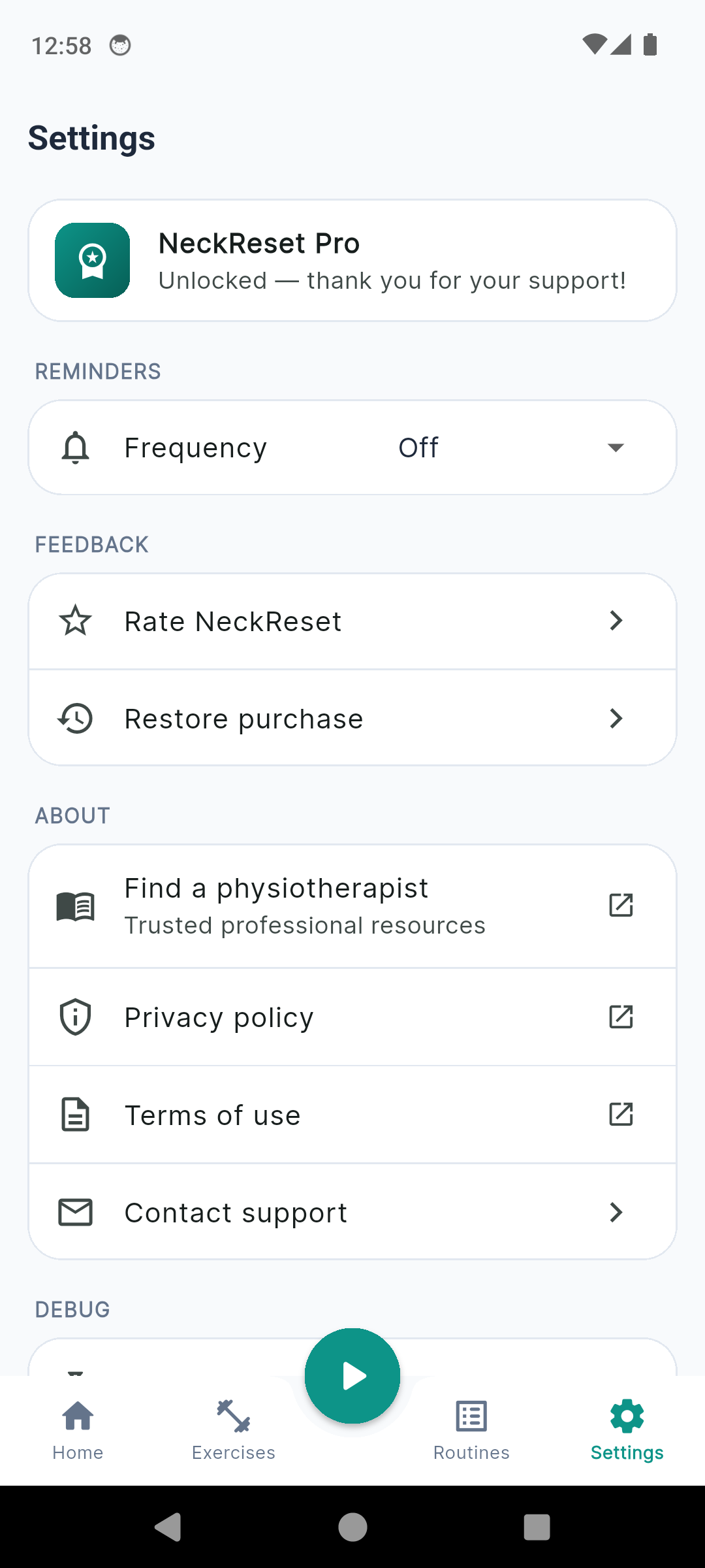 NeckReset settings with reminders, restore purchase and physiotherapist resources