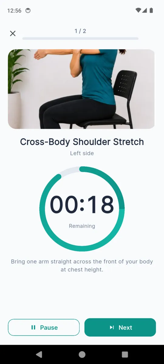 A NeckReset guided session on step one of two: a photo of the Cross-Body Shoulder Stretch above a countdown ring reading 18 seconds remaining, with Pause and Next buttons