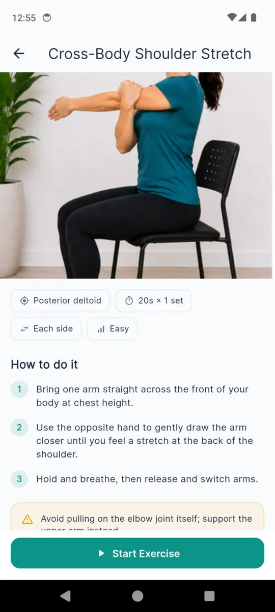 The NeckReset exercise screen for the Cross-Body Shoulder Stretch: a photo of the stretch, chips reading posterior deltoid, 20 seconds by 1 set, each side and easy, then three numbered instructions and a caution line