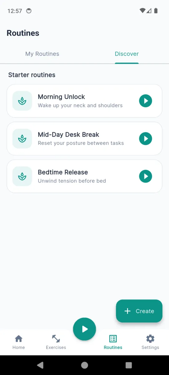 The NeckReset routines screen showing the starter routines Morning Unlock, Mid-Day Desk Break and Bedtime Release, with a Create button