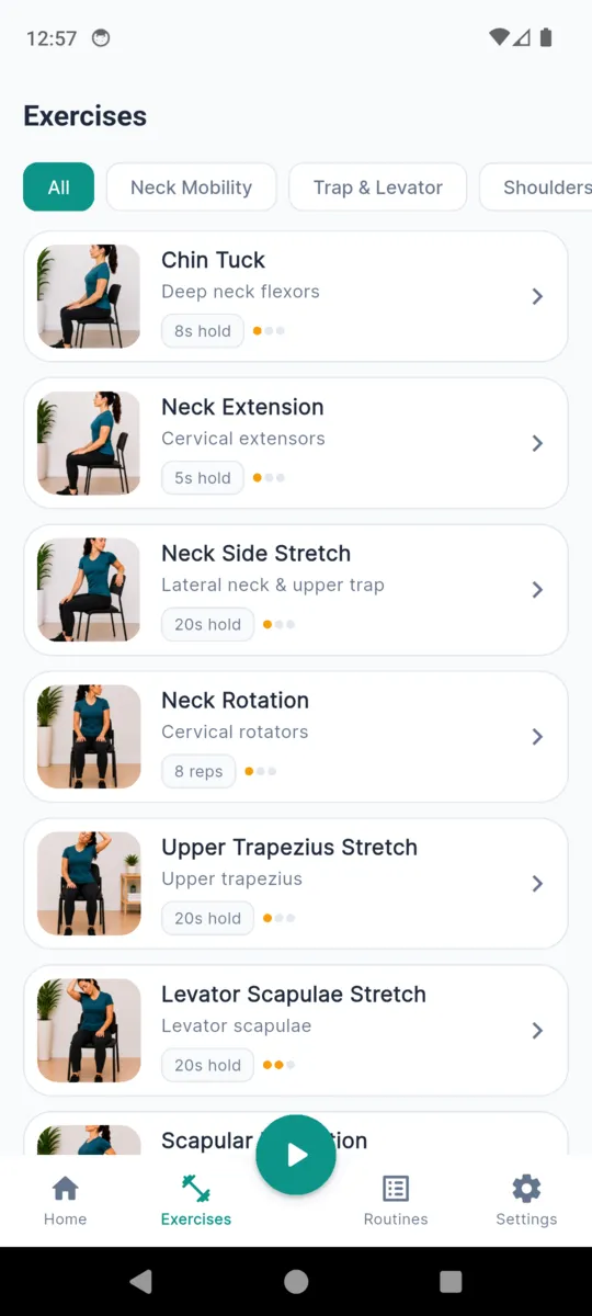 The NeckReset library listing Chin Tuck, Neck Extension, Neck Side Stretch, Neck Rotation, Upper Trapezius Stretch, Levator Scapulae Stretch and Scapular Retraction with thumbnails and timings