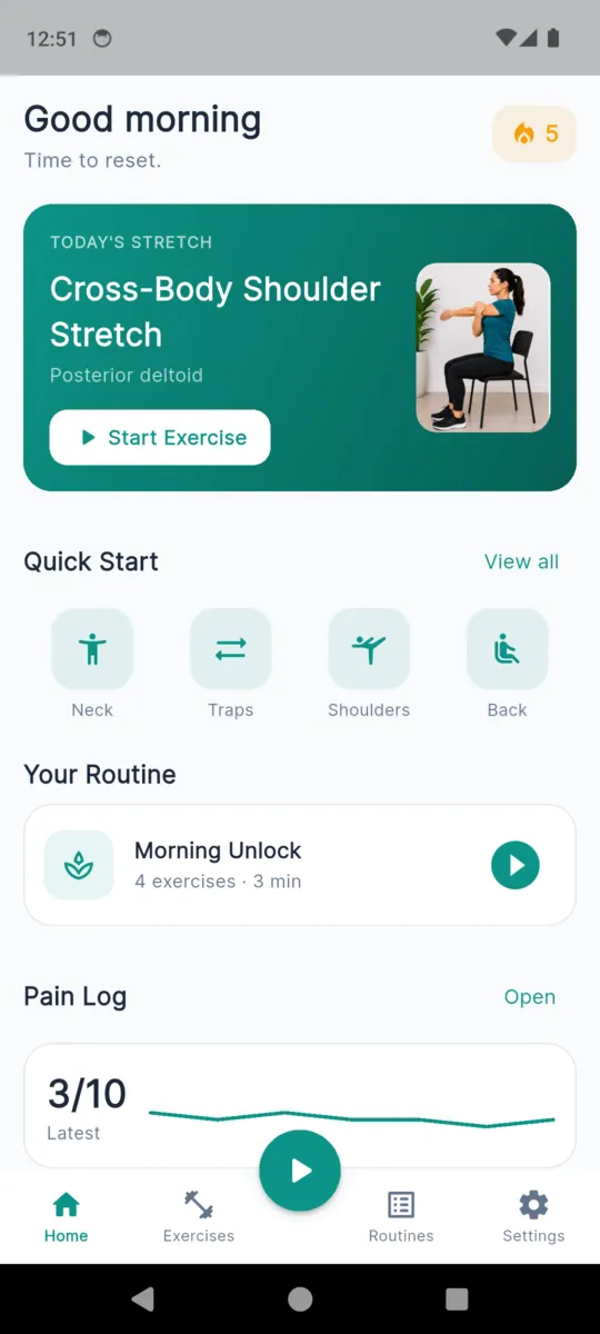 The NeckReset home screen with today's stretch, quick-start groups for neck, traps, shoulders and back, the routine for this time of day, and a seven-day pain line