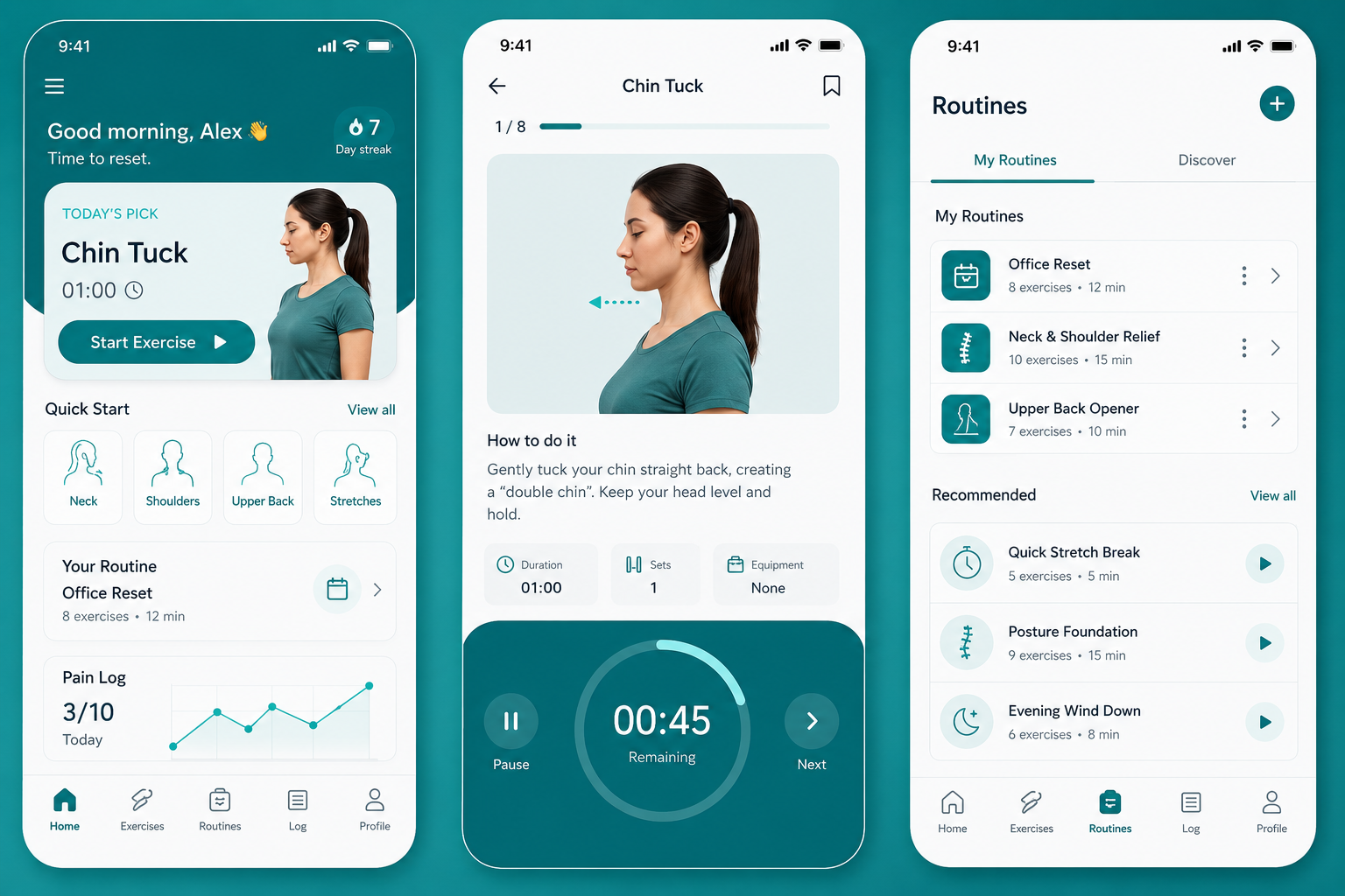 NeckReset home screen, guided stretch timer, and routines list