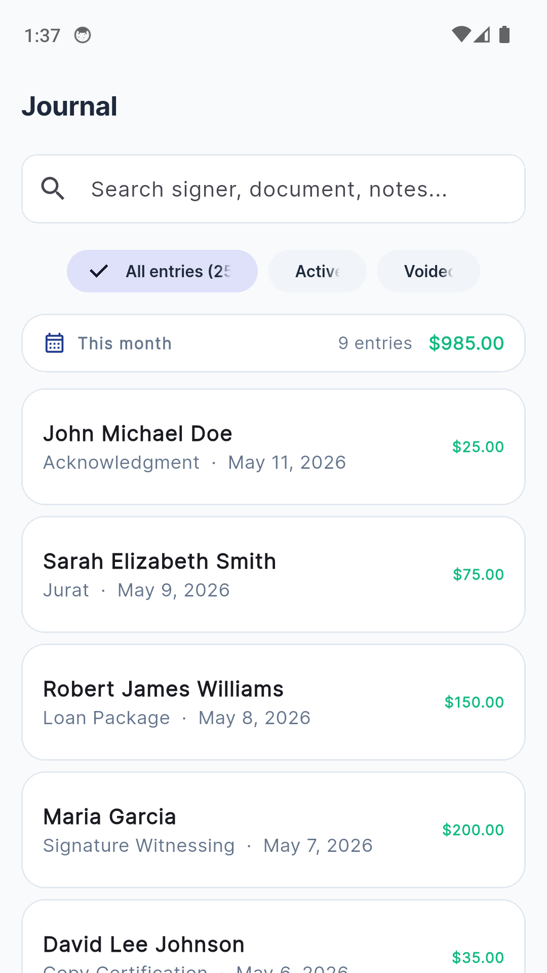 NotaryLog journal list with searchable entries