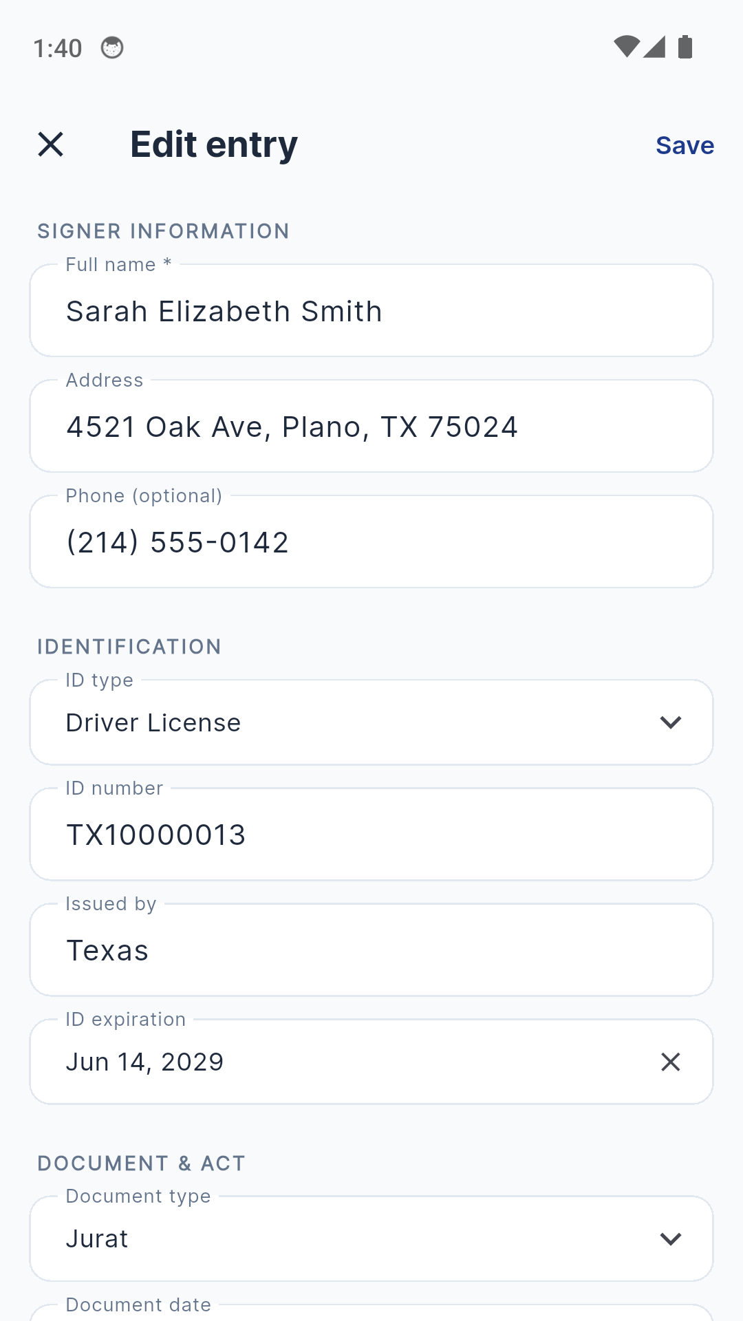 NotaryLog fast-entry form with signer and document fields