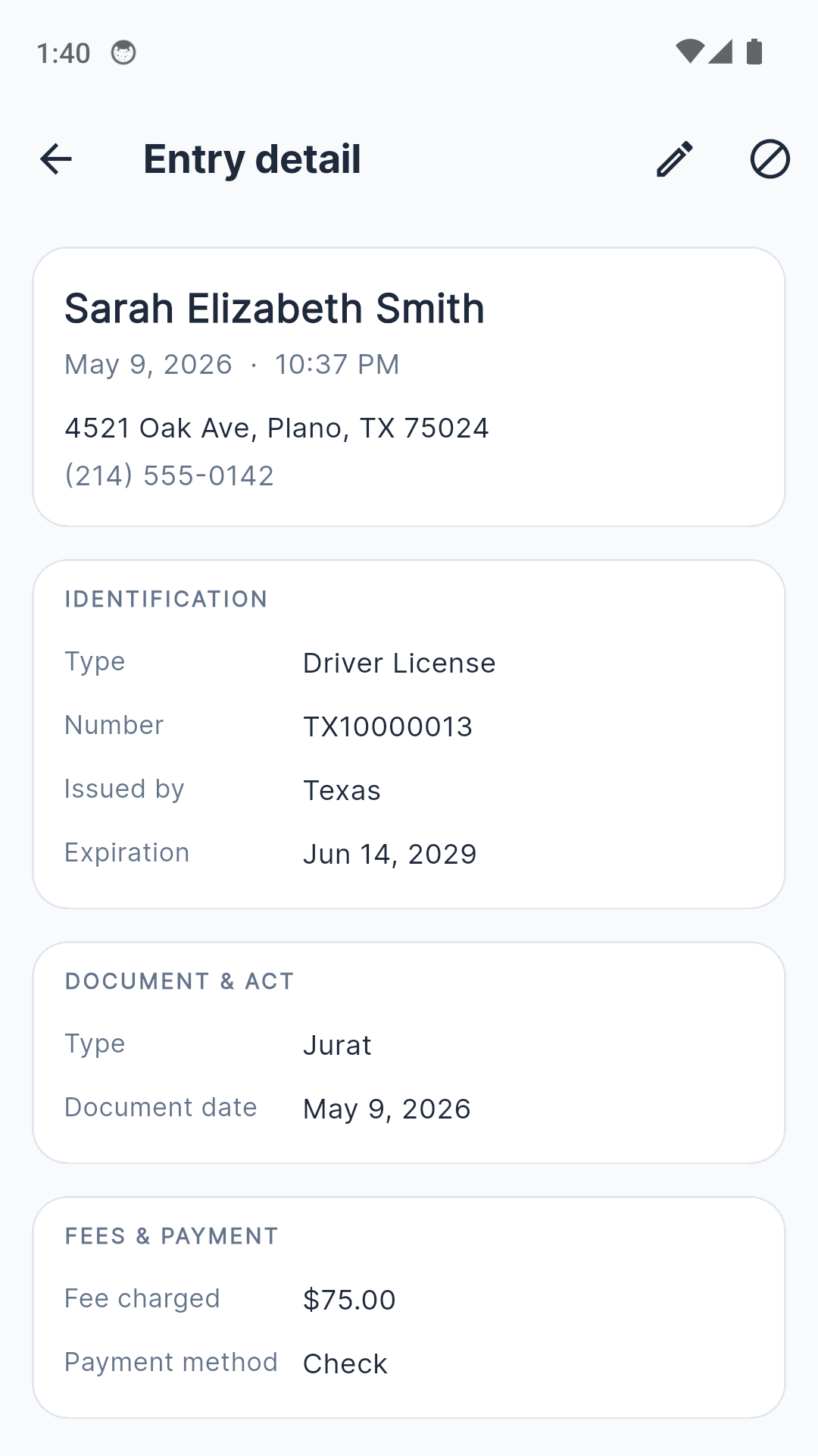 NotaryLog entry detail with signature and thumbprint
