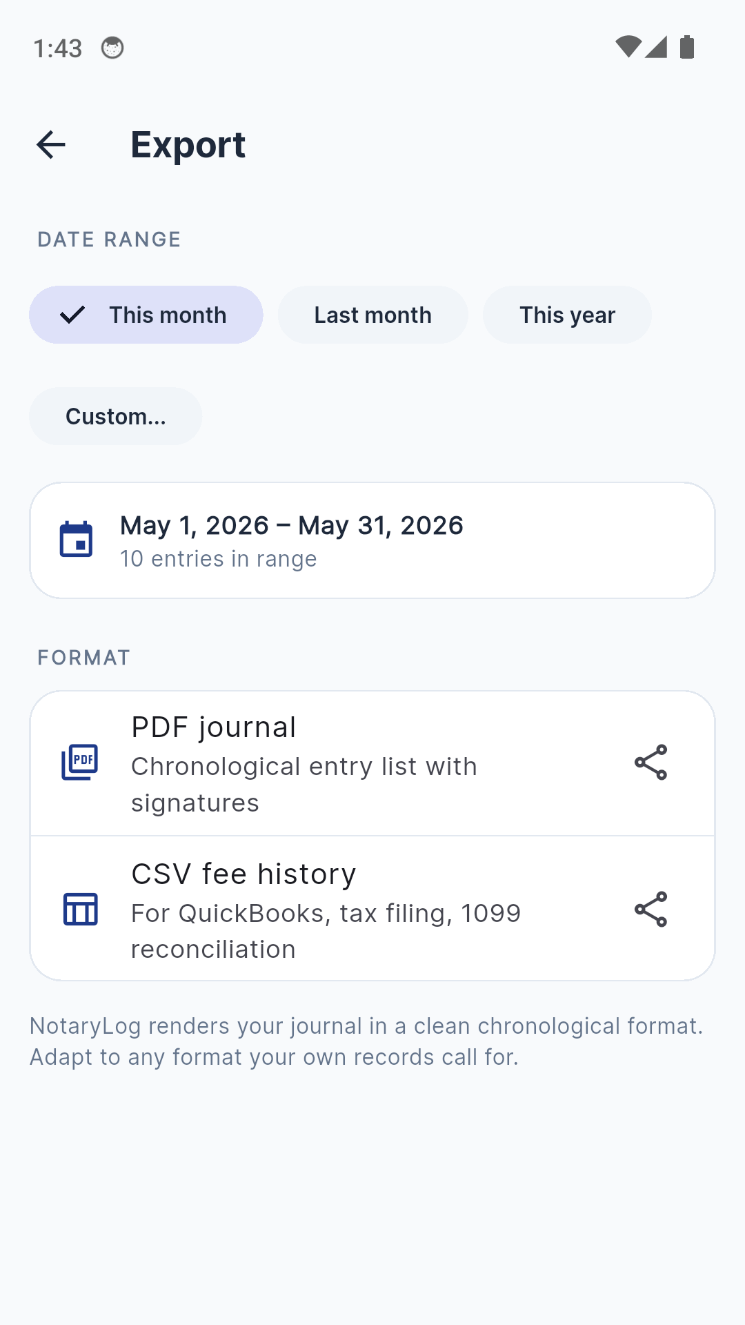 NotaryLog PDF export with date range