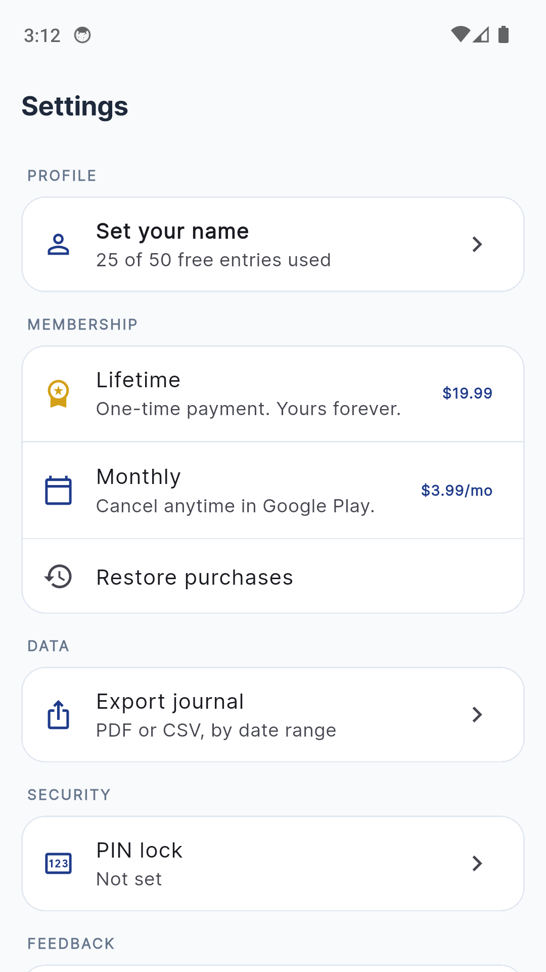 NotaryLog settings with biometric lock toggle