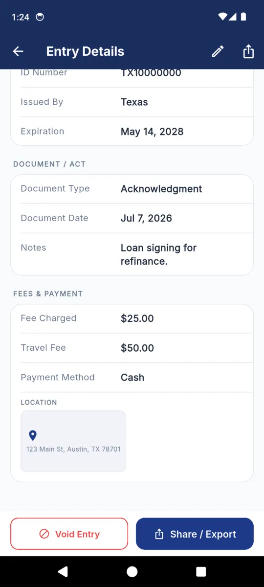 The same NotaryLog entry scrolled down to the fees and payment block showing a $25.00 fee, a $50.00 travel fee and cash payment, above a location card with a street address