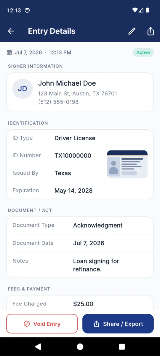 A NotaryLog entry detail: signer name, address and phone, then ID type, ID number, issuing authority and expiry, then document type, document date and notes