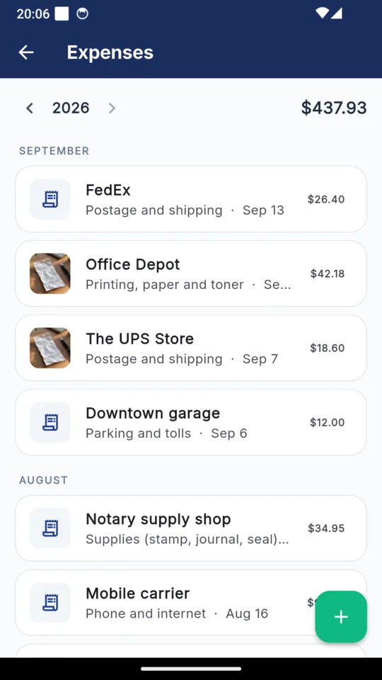 The NotaryLog expenses list for 2026 totalling $437.93, with rows for FedEx, Office Depot and the UPS Store carrying receipt photo thumbnails, and a monthly phone bill below them