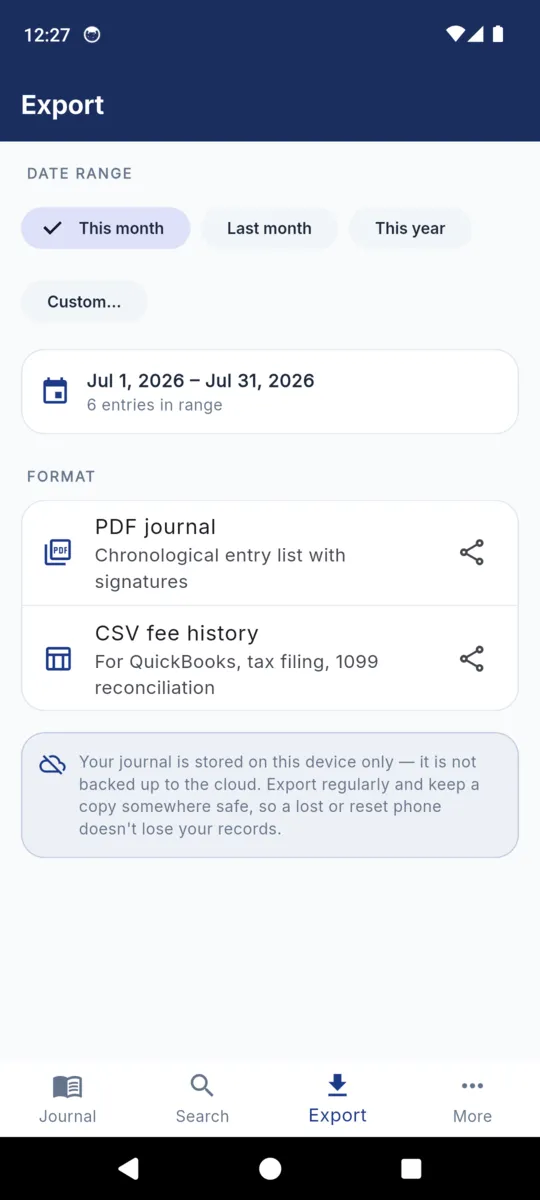 The NotaryLog export screen with this-month, last-month, this-year and custom range chips, a PDF journal option, a CSV fee history option, and a note that the journal is stored on the device only