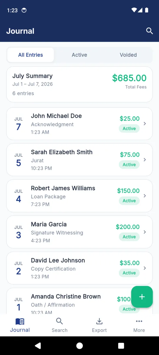 The NotaryLog journal listing six entries under a July summary card reading $685.00 total fees, each row showing the date, signer, act type and fee