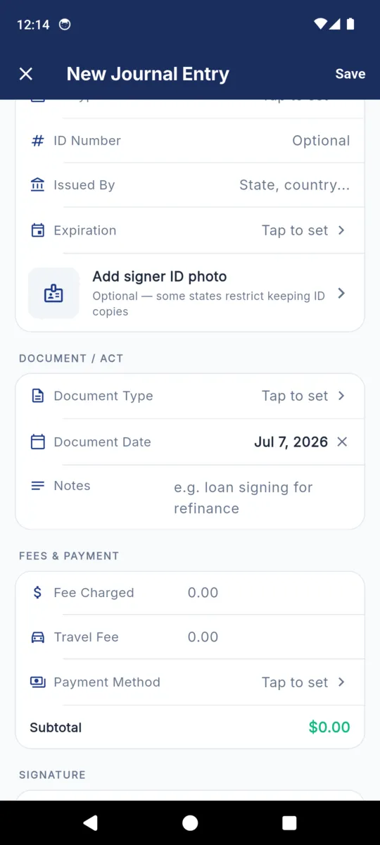 The New Journal Entry form in NotaryLog, with the identification fields, an optional signer ID photo row, document and act fields, and a fees block showing a running subtotal