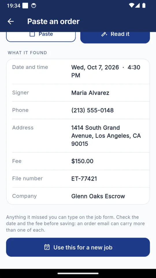 The paste an order screen in NotaryLog listing what it read from a pasted confirmation: date and time, signer, phone, address, fee, file number and company