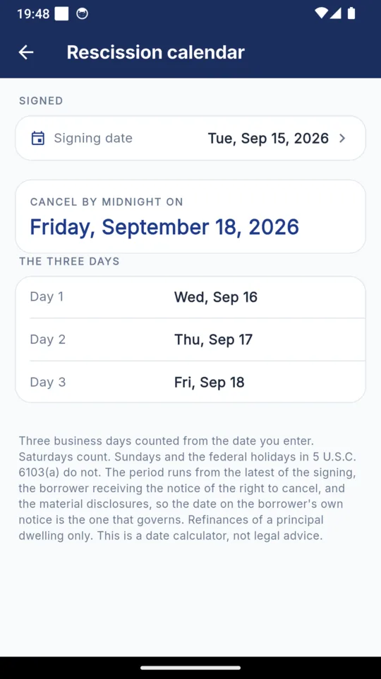 The NotaryLog rescission calendar: a signing date of Tuesday September 15 2026, a cancel by midnight date of Friday September 18, and the three counted business days listed below