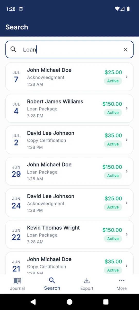 Searching NotaryLog for the word Loan, with seven matching entries listed by date, signer, act type and fee