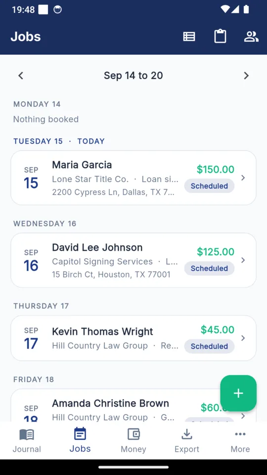 The NotaryLog jobs screen in week view, Monday to Sunday, with Tuesday marked today and three booked signings showing the client, the address and the fee