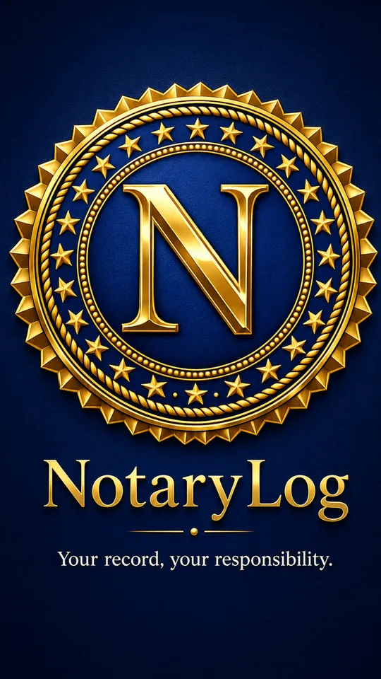 The NotaryLog opening screen: a gold notary seal on deep navy, the name NotaryLog, and the line “Your record, your responsibility.”