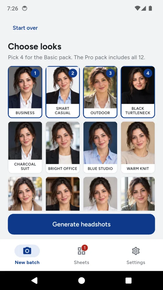 Choose looks: four picked for the Basic pack, each with an example.