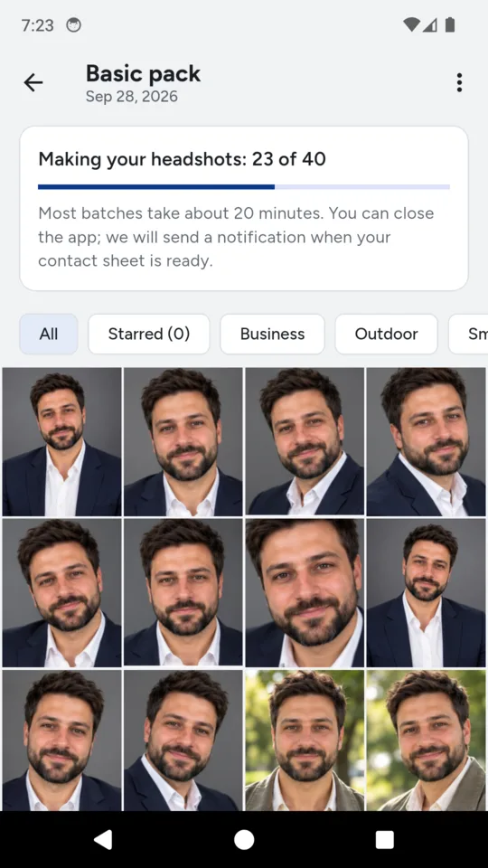 A batch being made: 23 of 40, with the headshots that are already done.