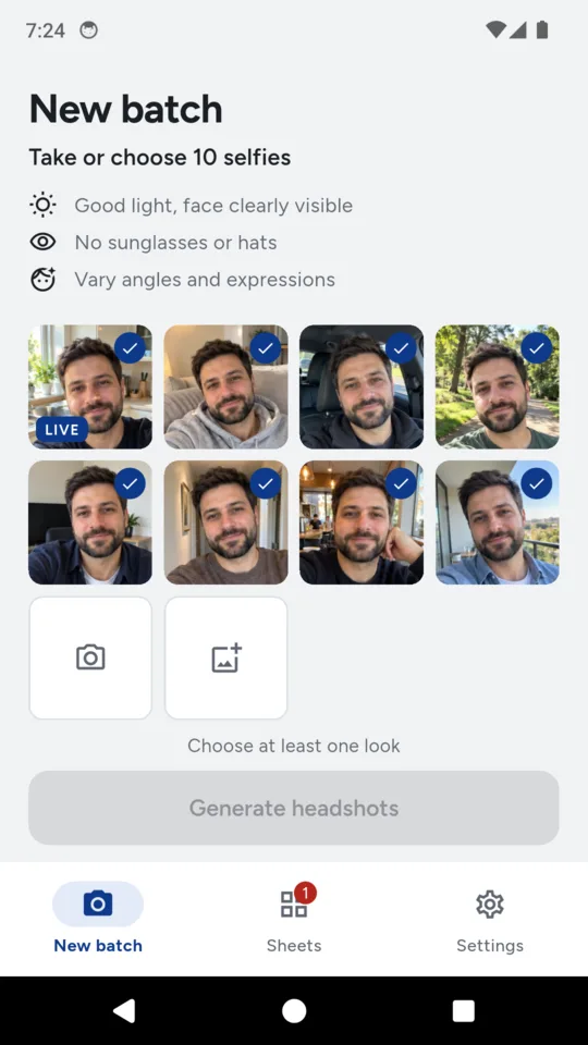 New batch: eight selfies that passed the on-phone checks, one marked LIVE from the in-app camera.