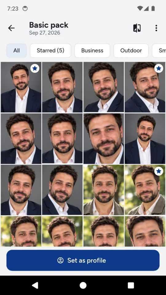 A contact sheet of 40 headshots sorted by look, with keepers starred