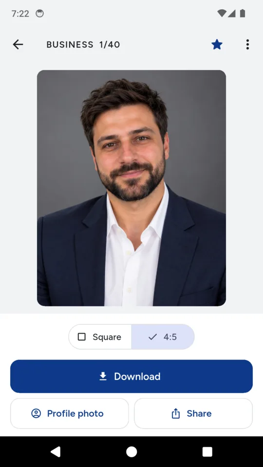 One headshot in the business look, full screen in the 4:5 crop