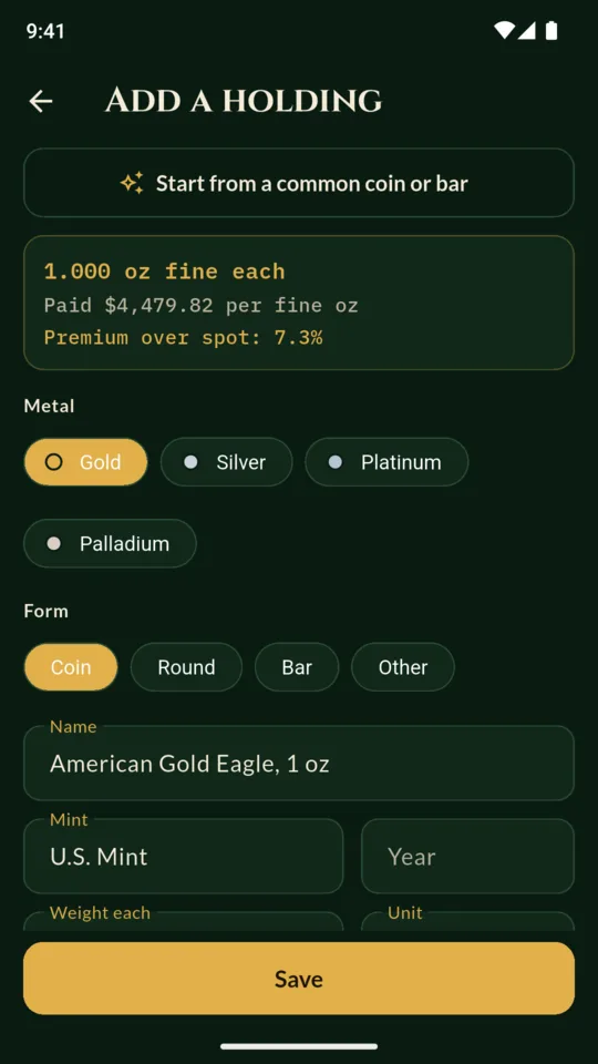 Adding a piece: fine ounces and the premium over spot, worked out as you type.