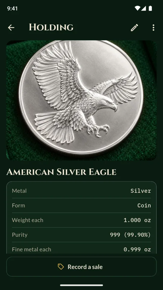 A holding: an American Silver Eagle with its photo, weight, purity and fine metal.