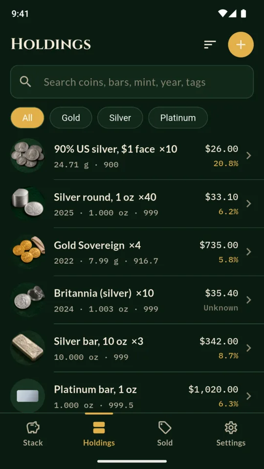 Holdings: each piece with its weight, purity, price paid and premium over spot