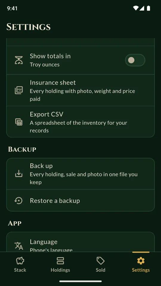 Settings: troy ounces or grams, the insurance sheet, CSV, backup and restore.