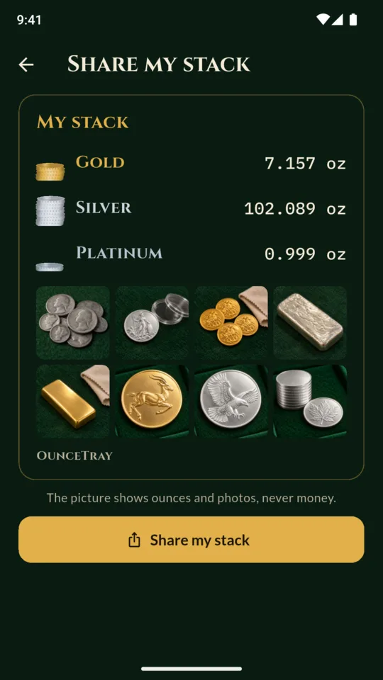 Share my stack: ounces and photos, never money.