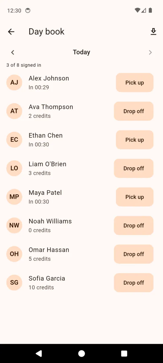 PackDesk's day book for today showing three of eight signed in, some rows with an in time and a Pick up button and others showing a credit balance and a Drop off button