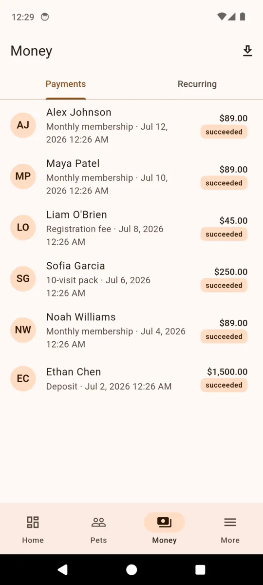 The PackDesk money tab listing payments with amounts, descriptions, dates and a succeeded status chip on each, including a 250 dollar 10-visit pack