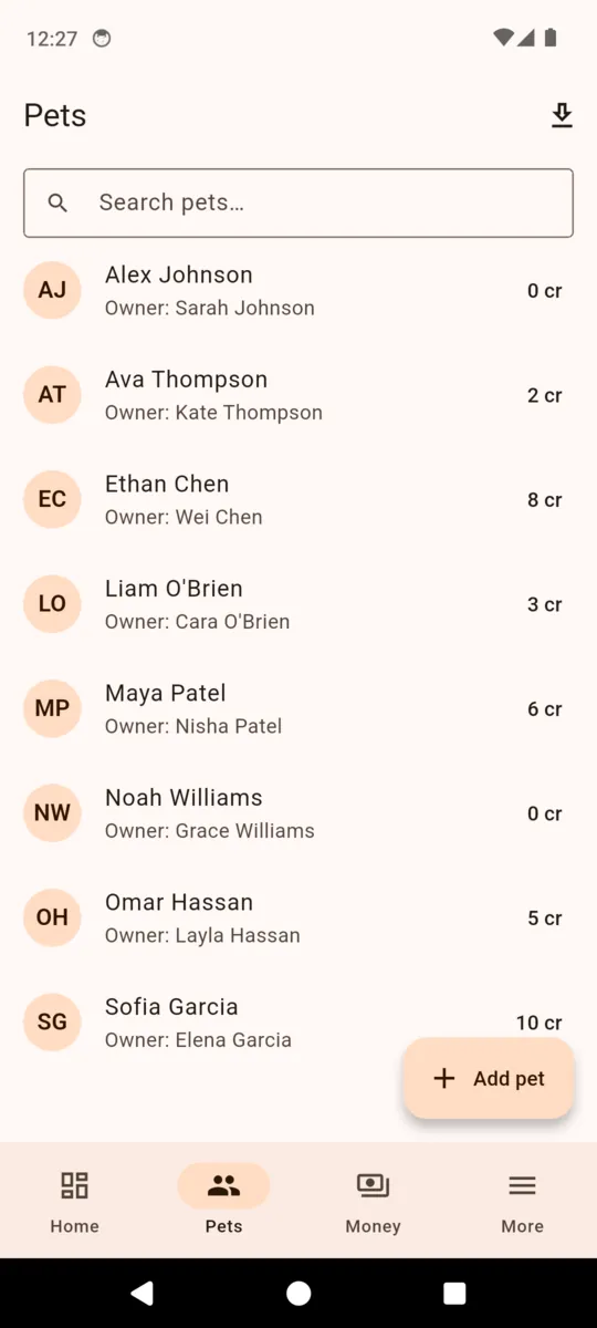 The PackDesk pet list, each pet under an owner name with a credit balance on the right reading values from 0 to 10