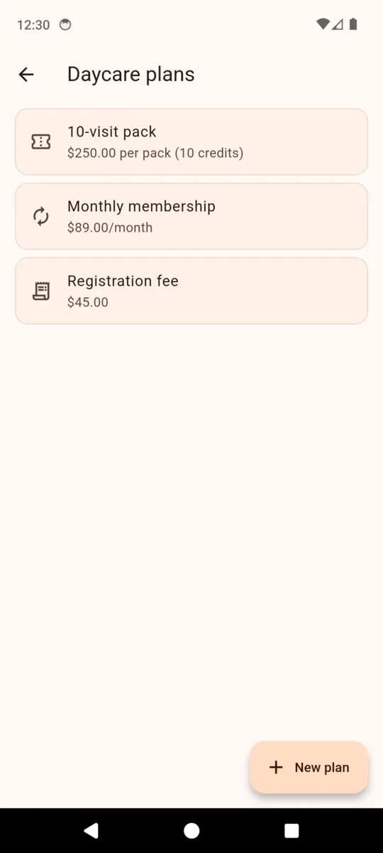 The PackDesk daycare plans screen listing a 10-visit pack at 250 dollars for 10 credits, a monthly membership at 89 dollars a month, and a 45 dollar registration fee