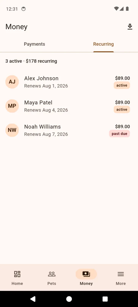 The recurring tab in PackDesk showing three active subscriptions totalling 178 dollars, with renewal dates and one marked past due