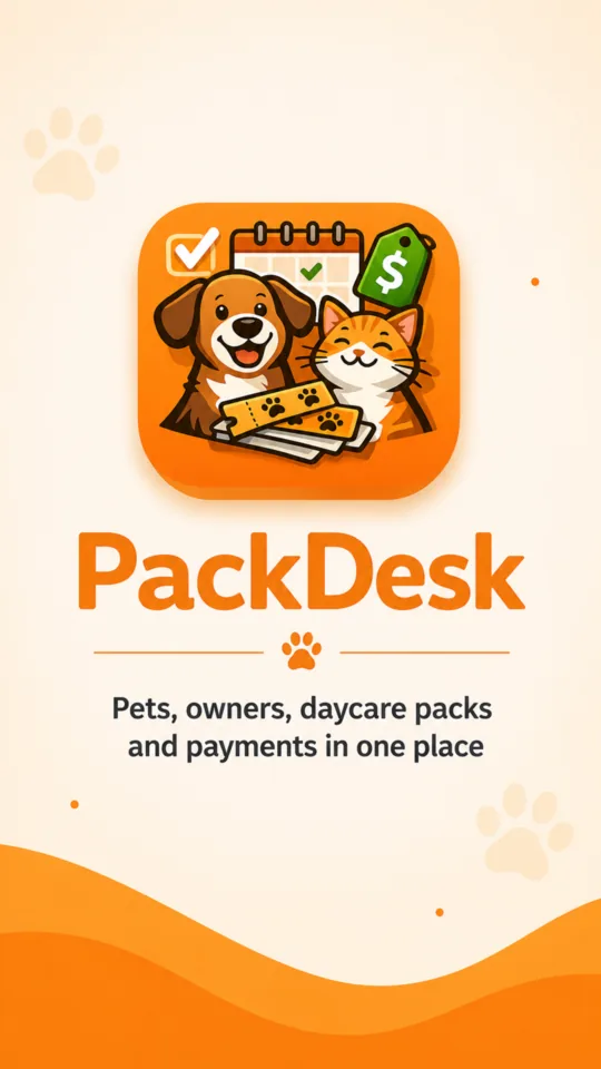 The PackDesk launch screen: the app icon above the wordmark and the line Pets, owners, daycare packs and payments in one place