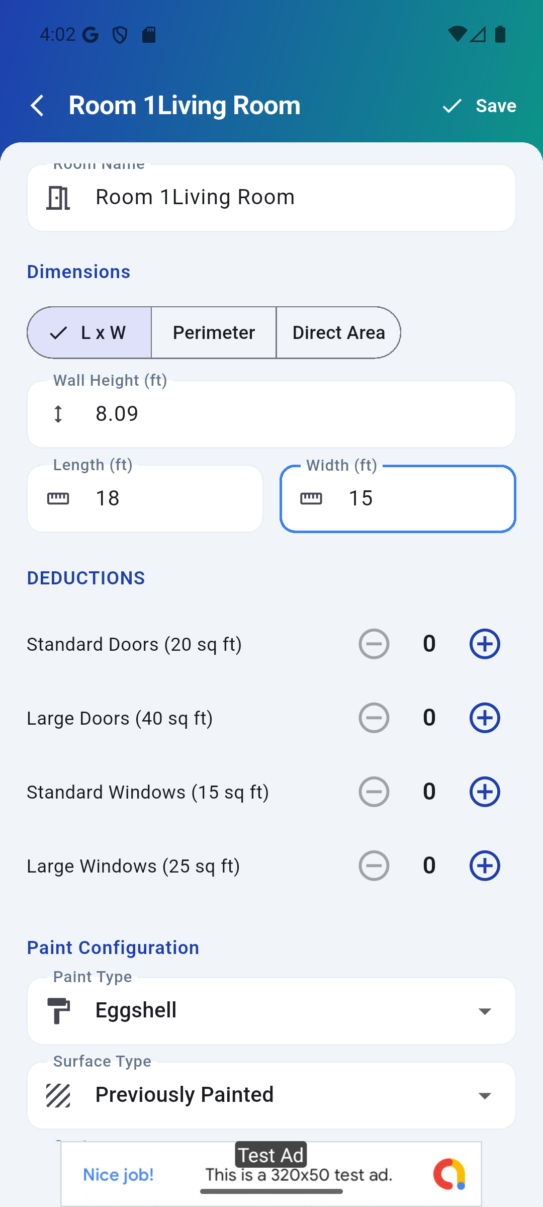 PaintCalc room dimension entry