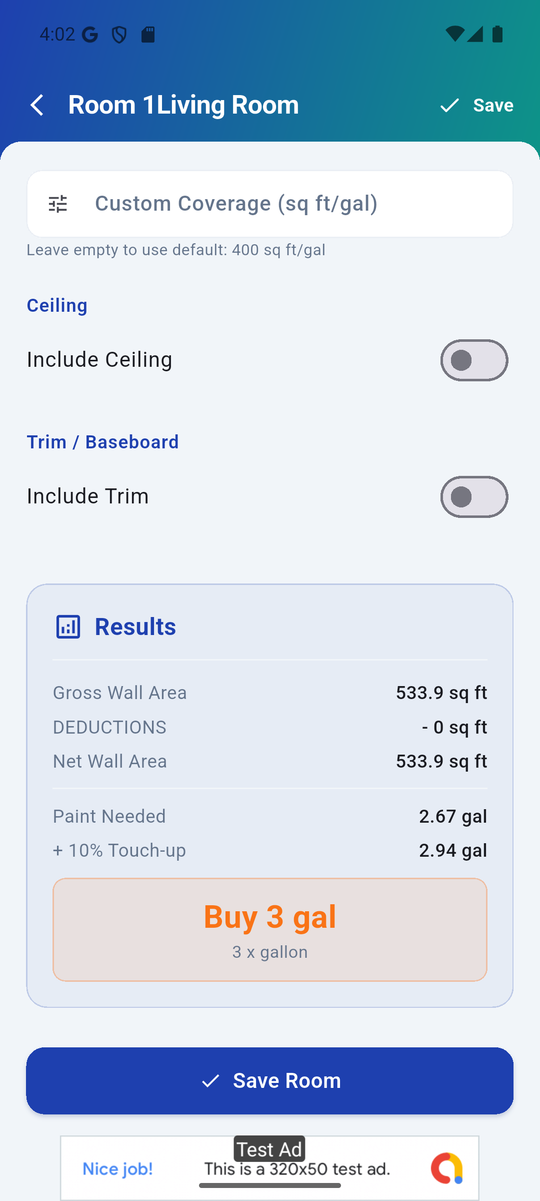 PaintCalc results with purchase breakdown
